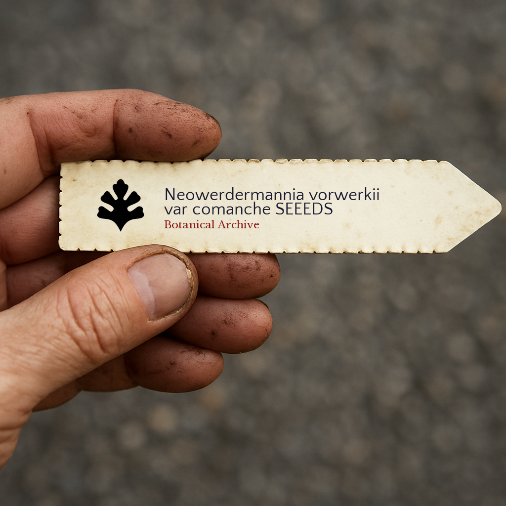 Printed plant label for Neowerdermannia vorwerkii var comanche held in dirty hand