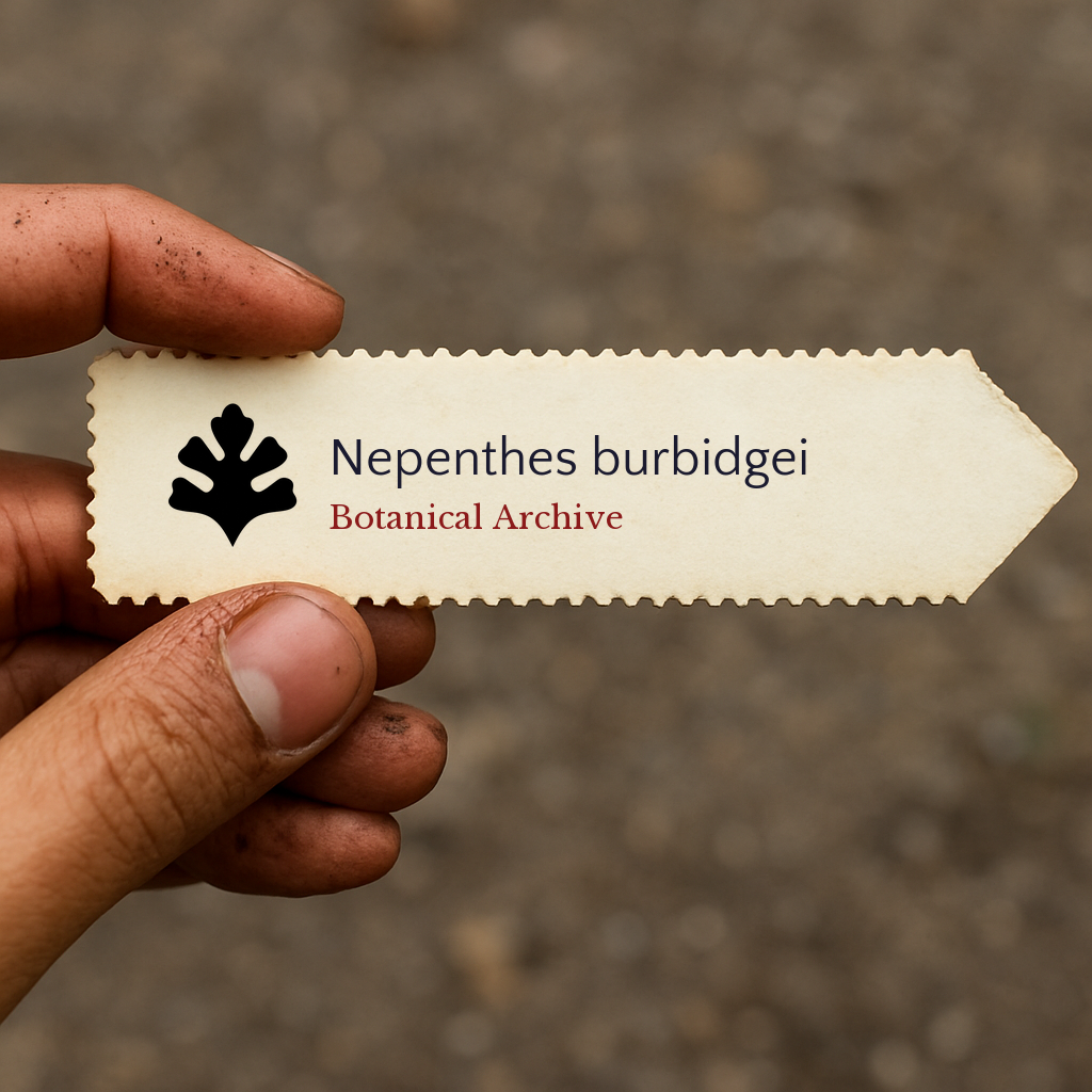 Printed plant label for Nepenthes burbidgei held by hand with dirt background