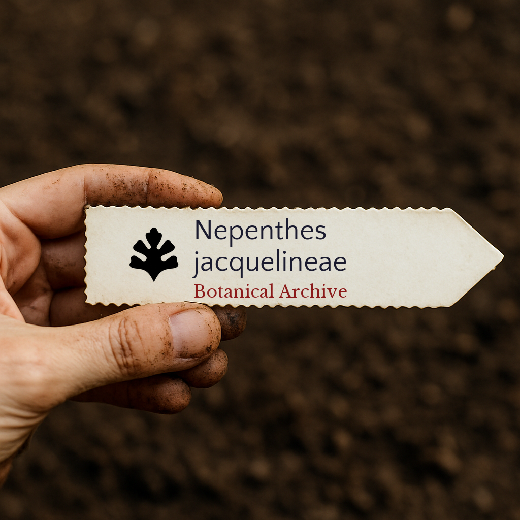 Printed plant label for Nepenthes jacquelineae held over soil background