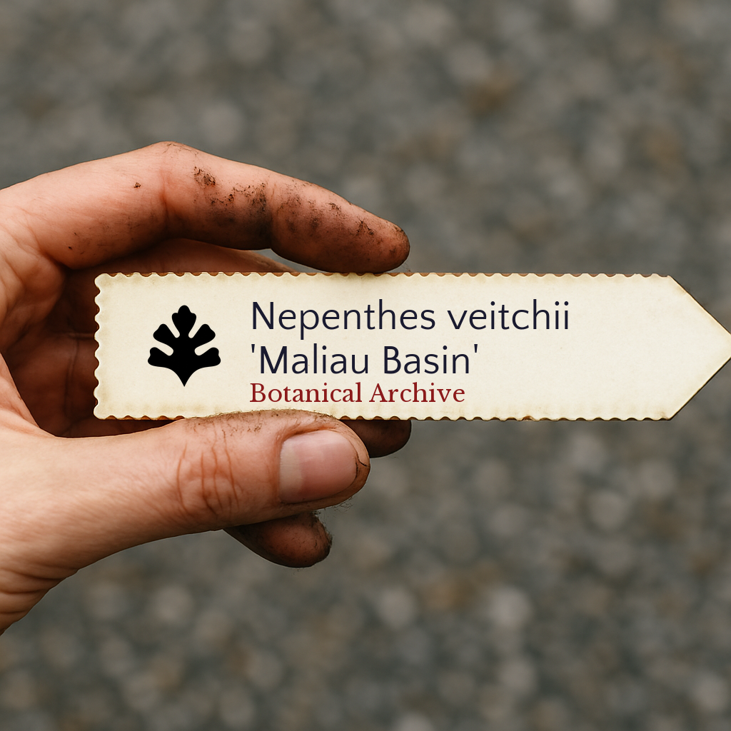 Printed plant label for Nepenthes veitchii 'Maliau Basin' held by dirty hand outdoors