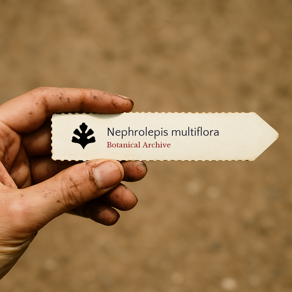 Printed plant label for Nephrolepis multiflora held by hand with soil background