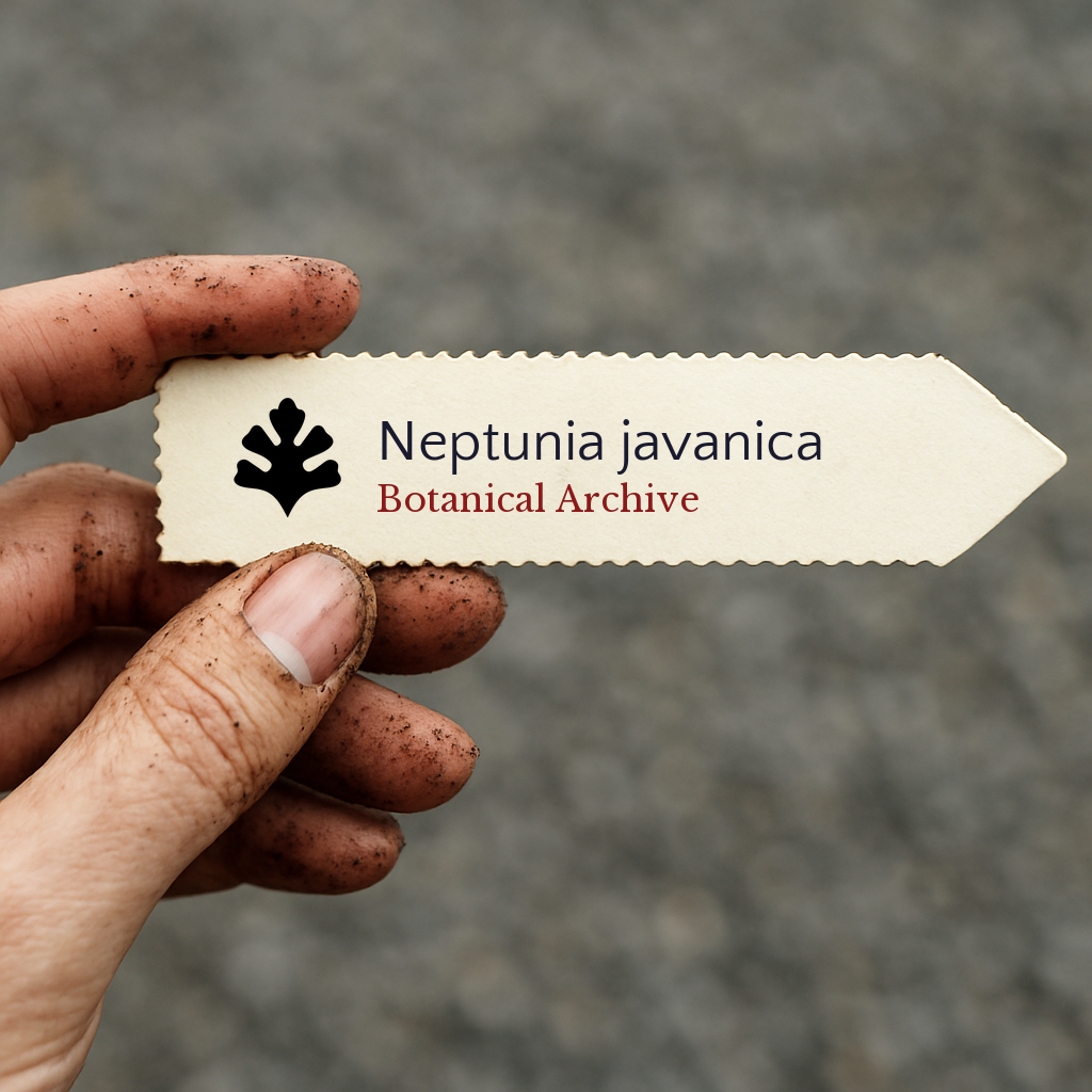 Printed plant label for Neptunia javanica held by dirty hand outdoors