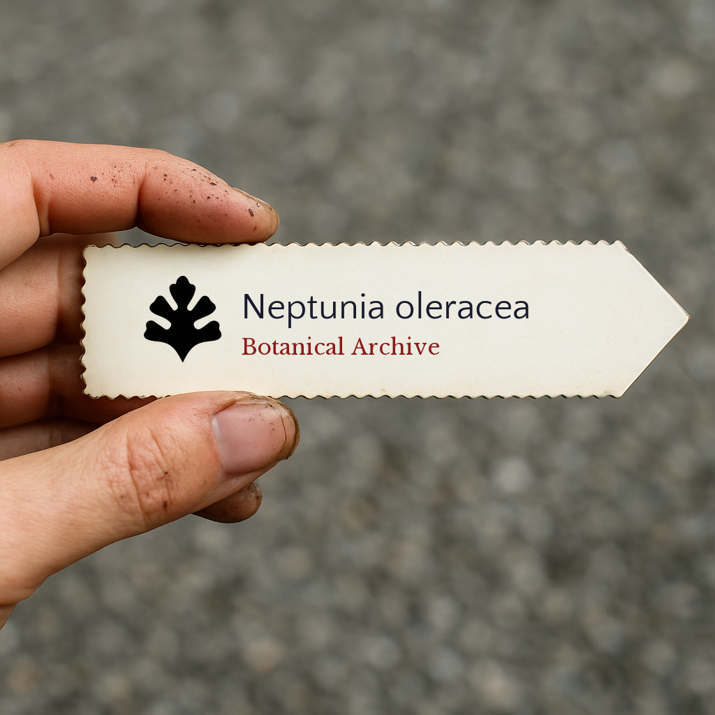 Etichetta piantina stampata per Neptunia oleracea tenuta a mano con il logo Botanical Archive