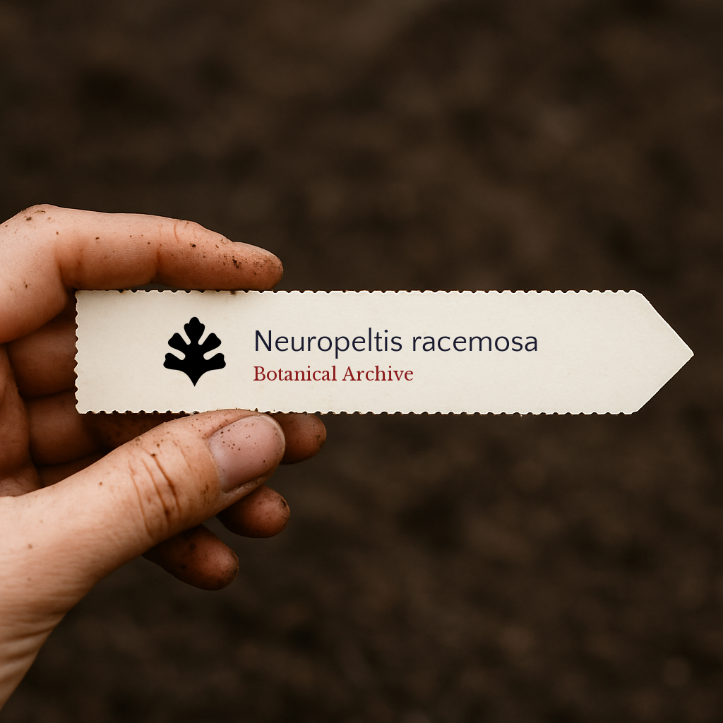 Etichetta stampata per pianta di Neuropeltis racemosa tenuta a mano con sfondo di terreno
