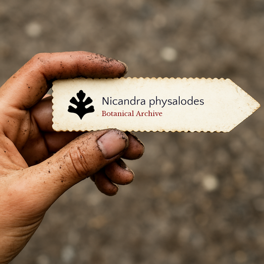 Etichetta per pianta stampata per Nicandra physalodes tenuta da una mano sporca con sfondo di terreno