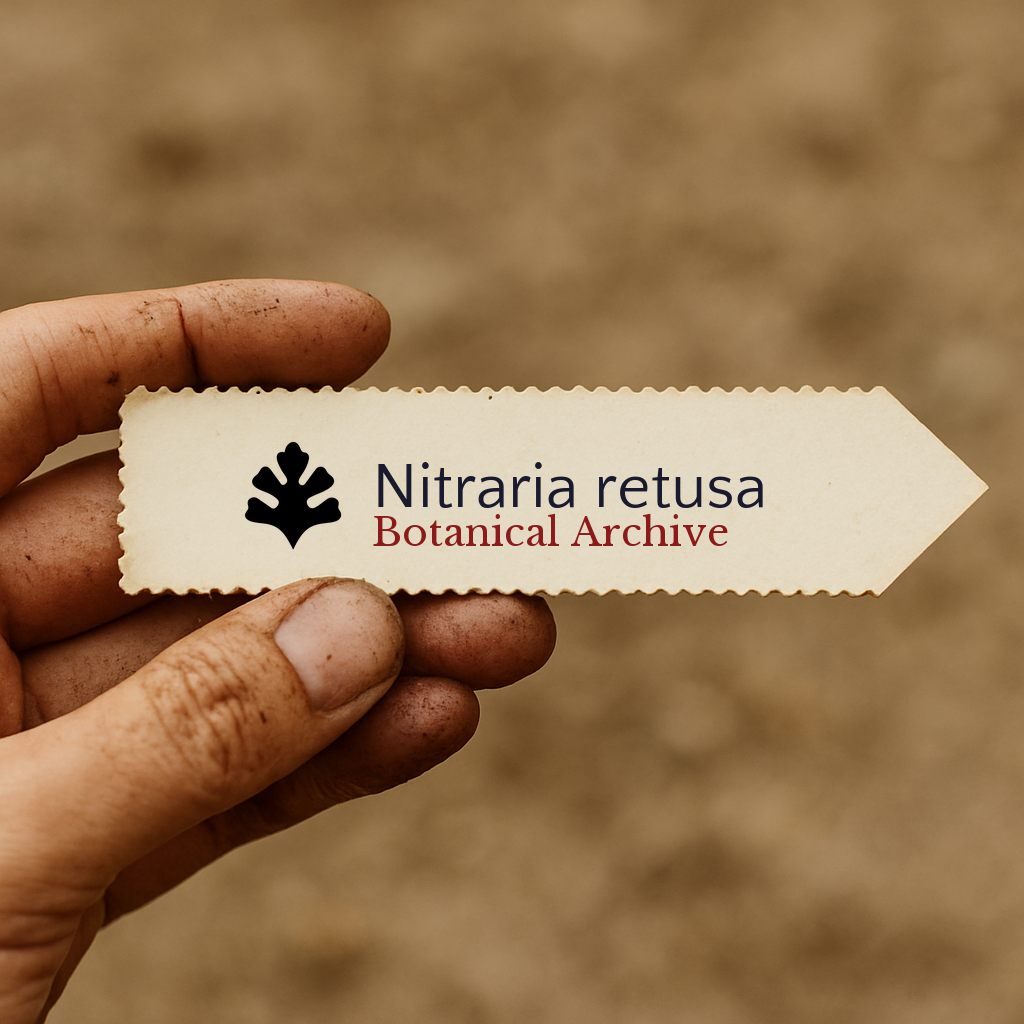 Etichetta stampata per pianta di Nitraria retusa con logo Botanical Archive tenuta a mano