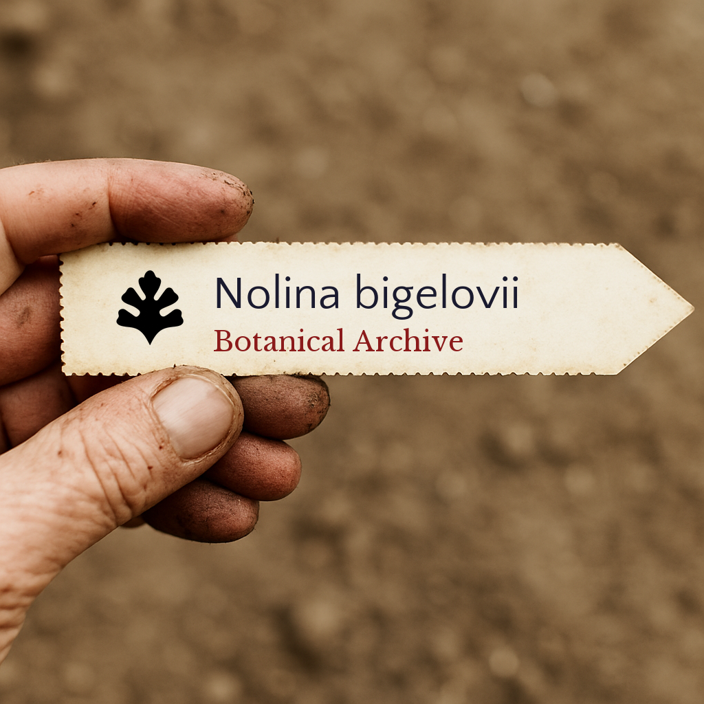 Etichetta stampata per pianta di Nolina bigelovii tenuta da mano sporca su sfondo di terreno