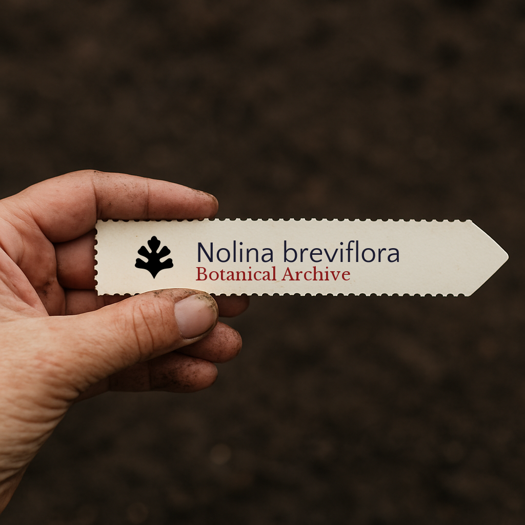 Printed plant label for Nolina breviflora held over soil background