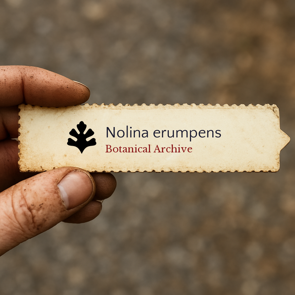 Printed plant label for Nolina erumpens held by hand with dirt background