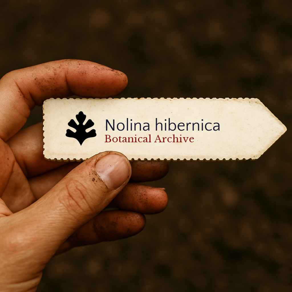 Printed plant label for Nolina hibernica held by a hand with soil background