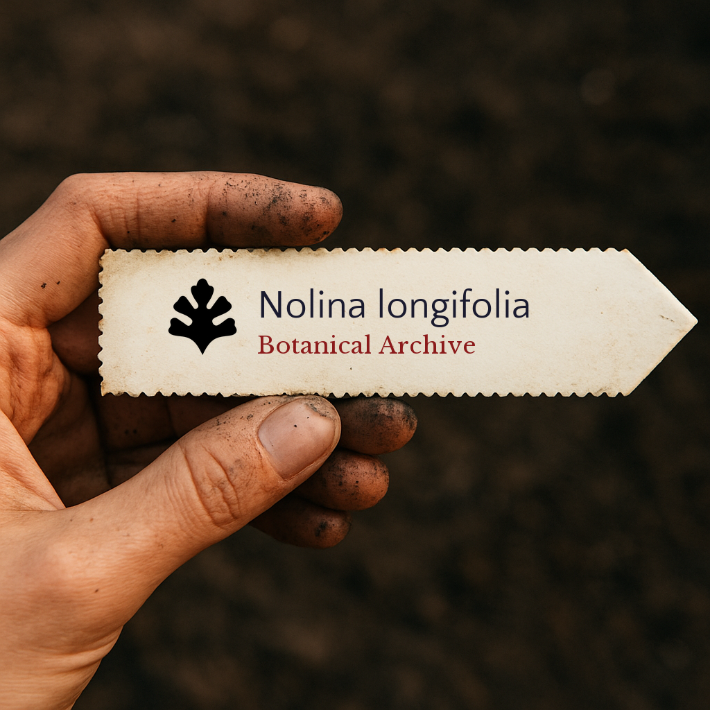 Etichetta stampata per pianta di Nolina longifolia tenuta da mano sporca su sfondo di terra
