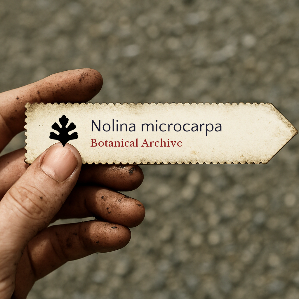 Etichetta archivio botanico stampata per Nolina microcarpa tenuta da una mano sporca