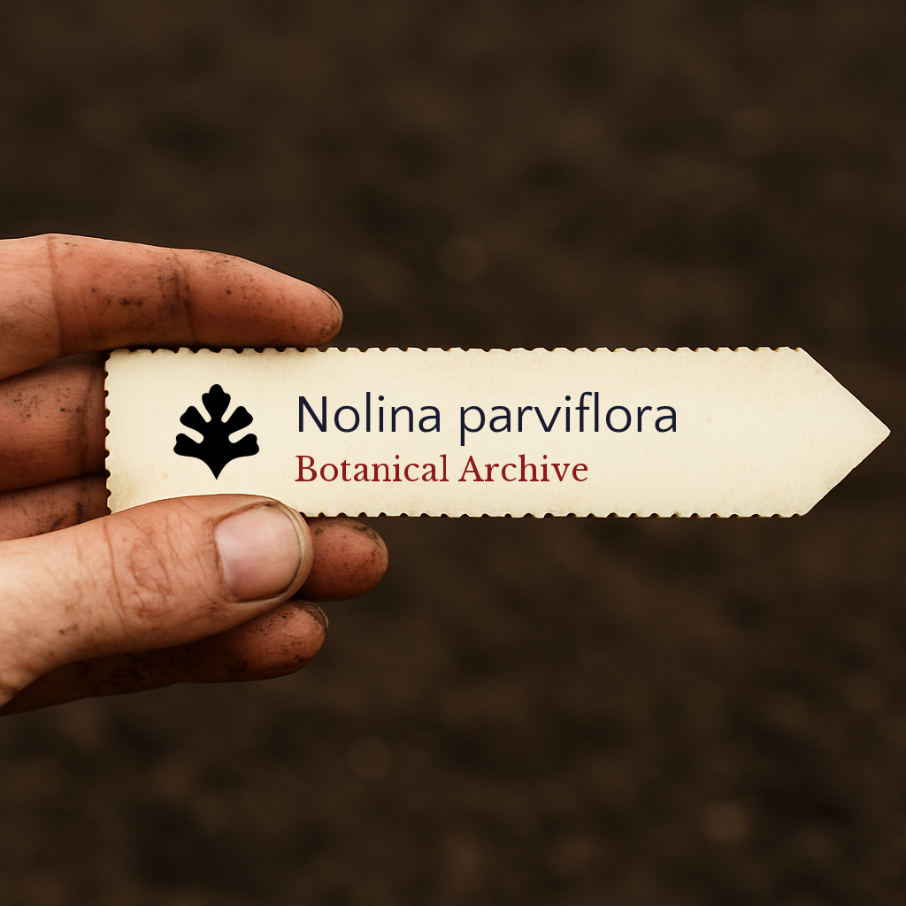 Printed plant label for Nolina parviflora held over soil background in garden setting
