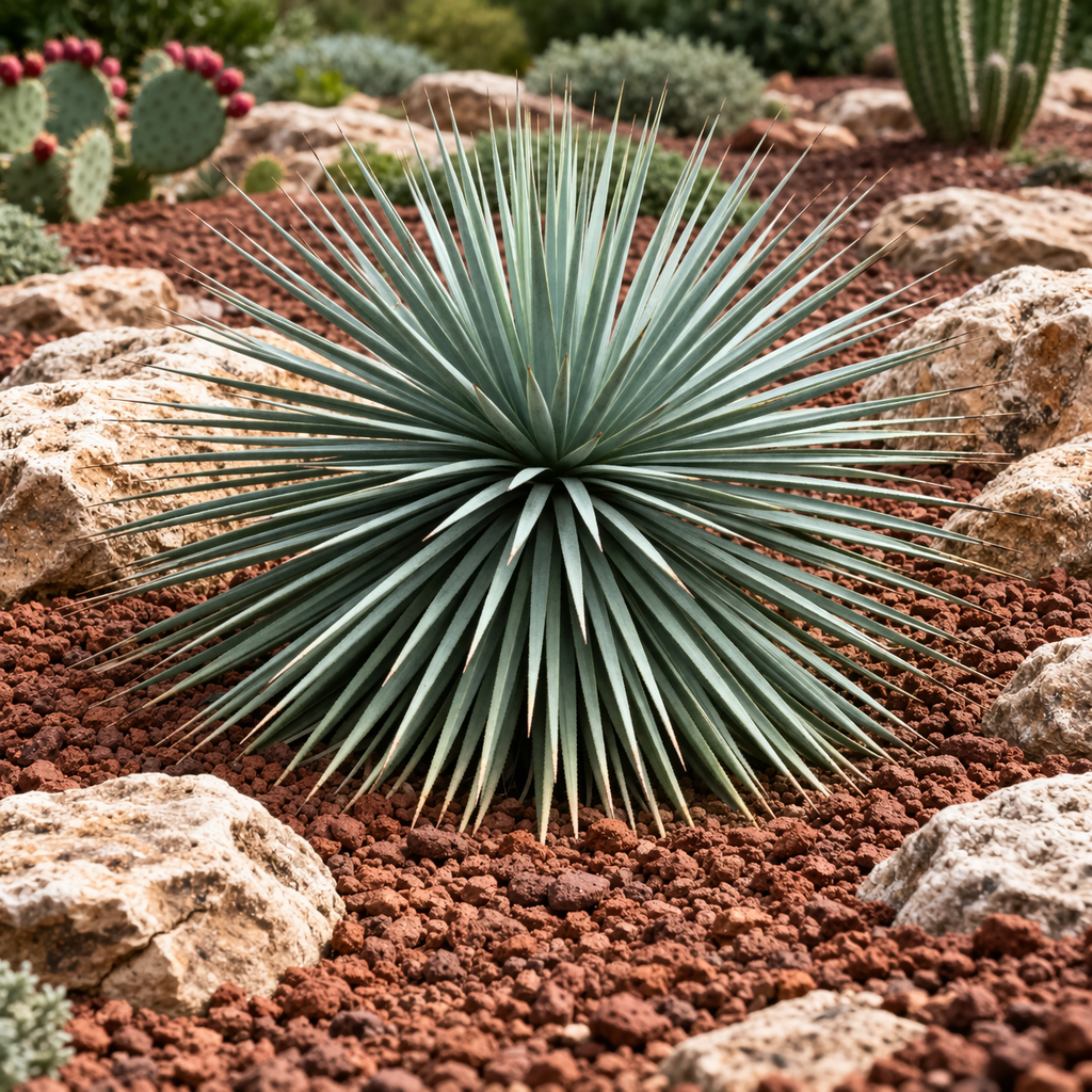 Nolina hibernica succulent with spiky blue-green leaves in rocky garden setting