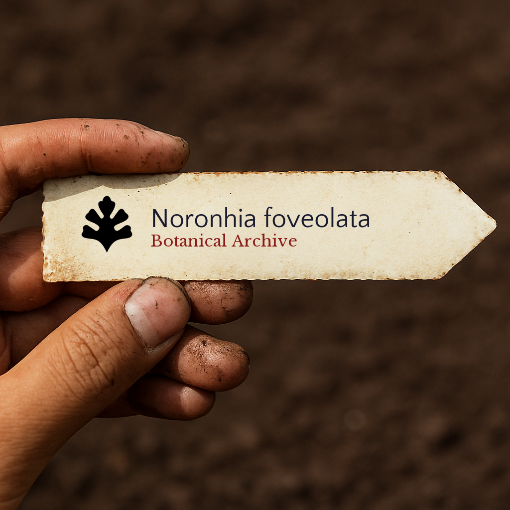 Etichetta per piante stampata per Noronhia foveolata tenuta da una mano sporca sullo sfondo di terreno