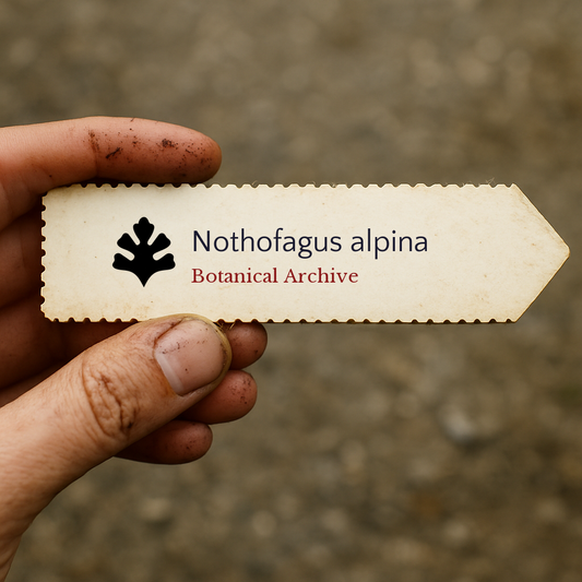 Etichetta per pianta stampata di Nothofagus alpina tenuta da mano sporca all'aperto