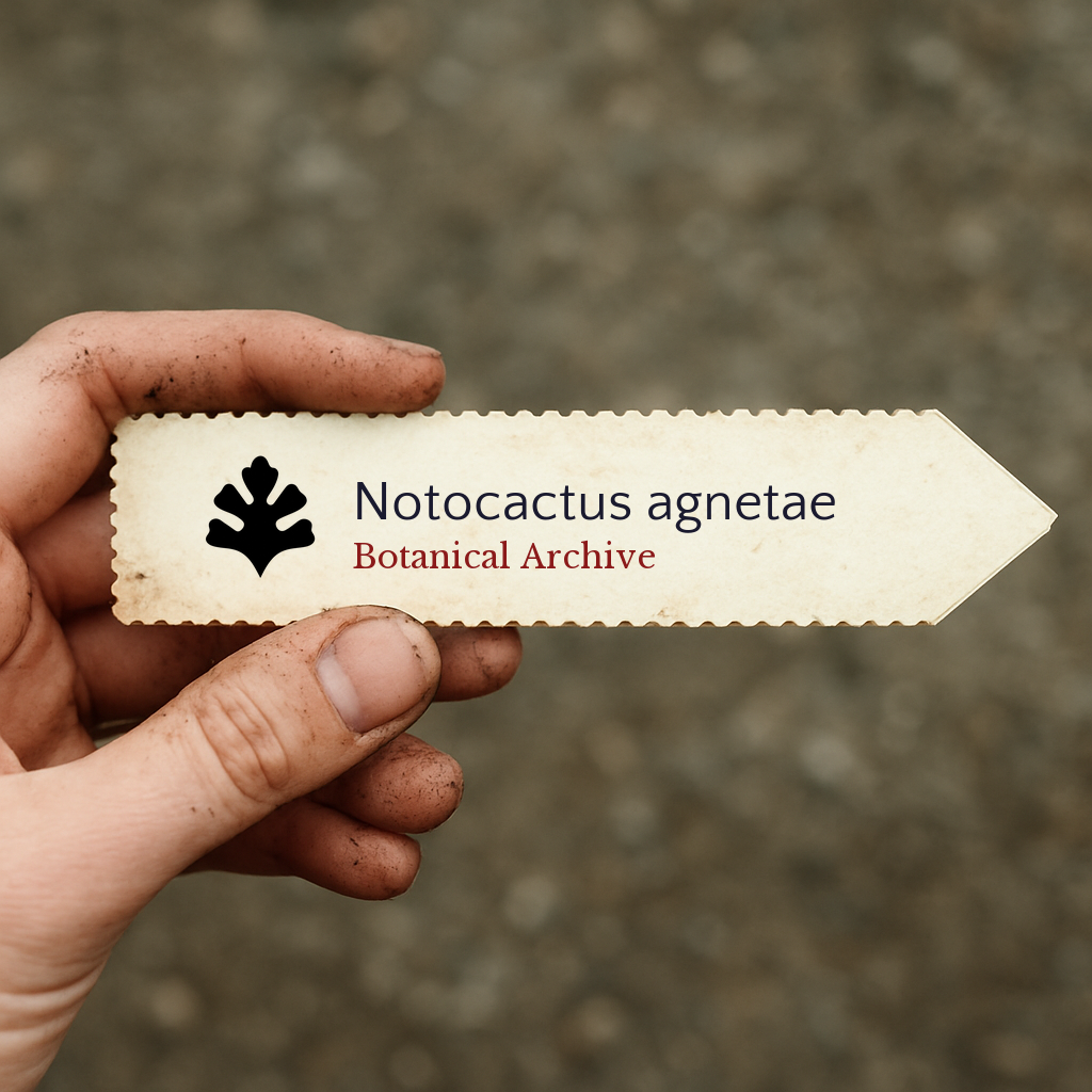 Printed plant label for Notocactus agnetae held by hand with dirt background