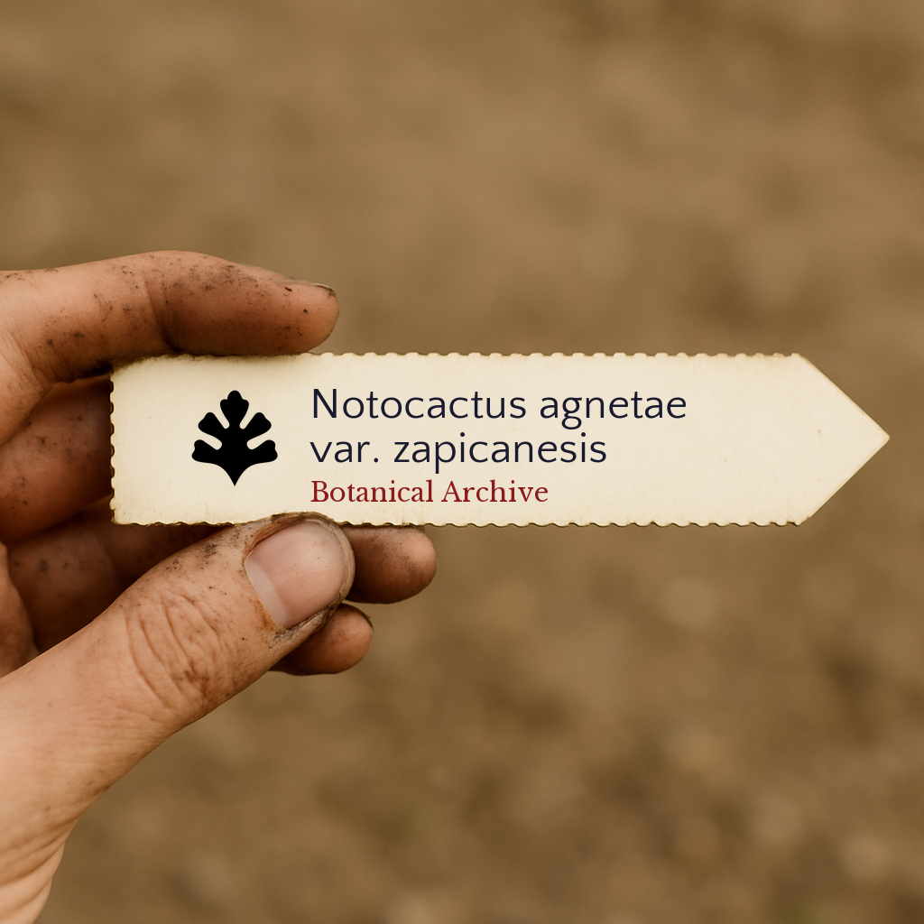 Printed plant label for Notocactus agnetae var. zapicanesis held by dirty hand outdoors