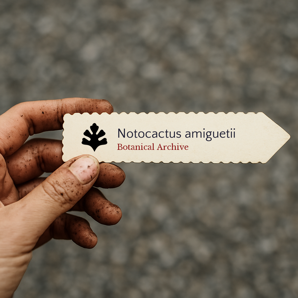 Etichetta della pianta stampata per Notocactus amiguetii tenuta da una mano sporca di terra