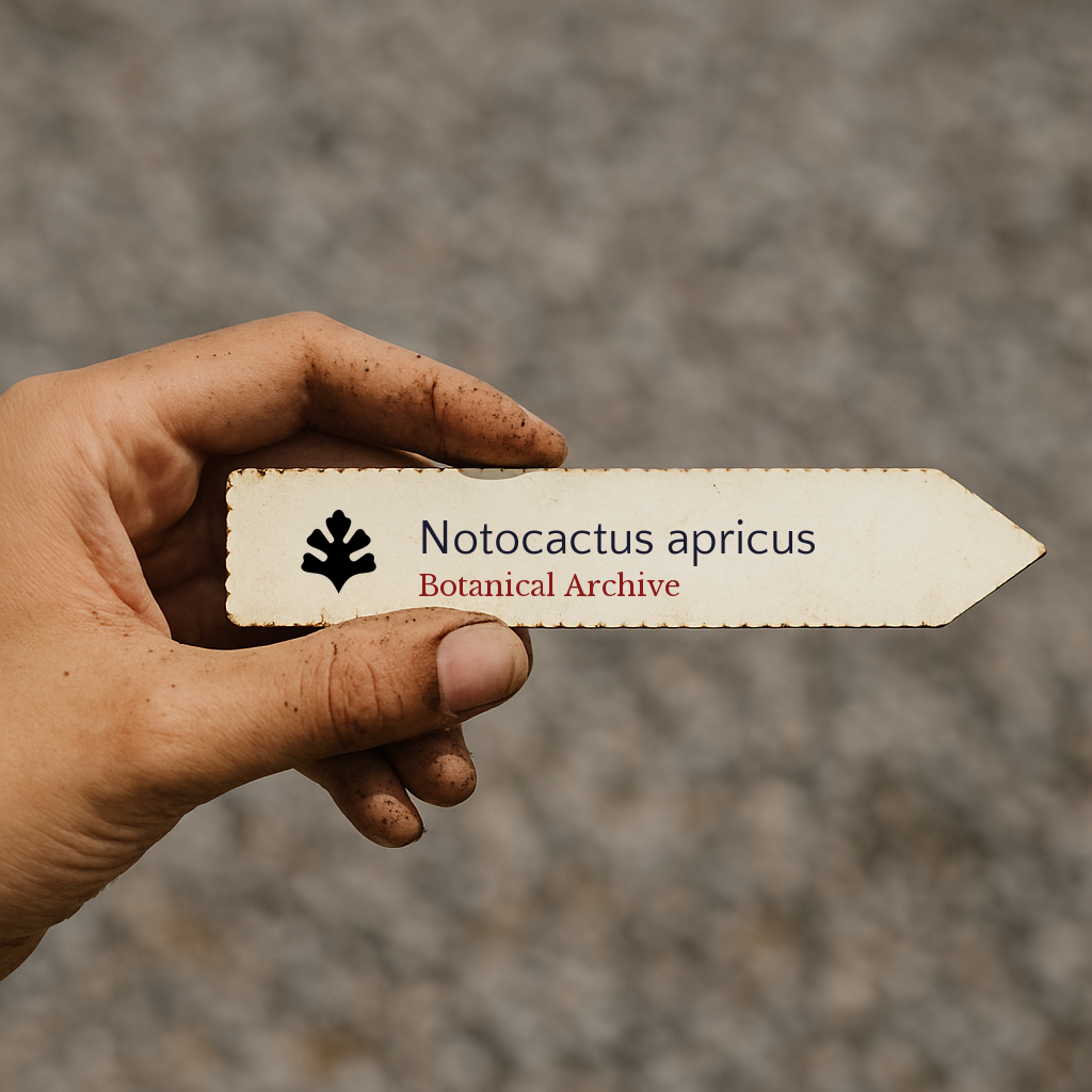 Etichetta stampata per pianta di Notocactus apricus tenuta da una mano sporca di terra all'aperto
