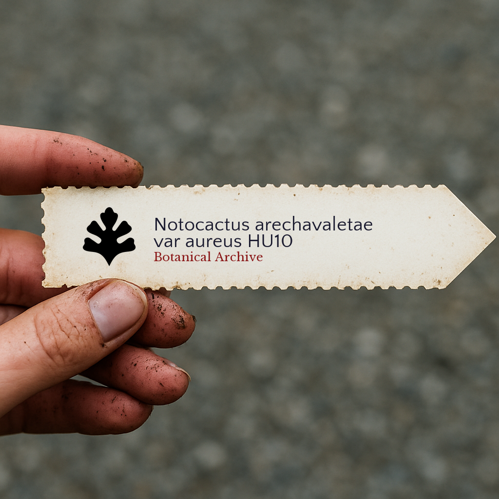 Printed plant label for Notocactus arechavaletae var aureus with botanical archive logo