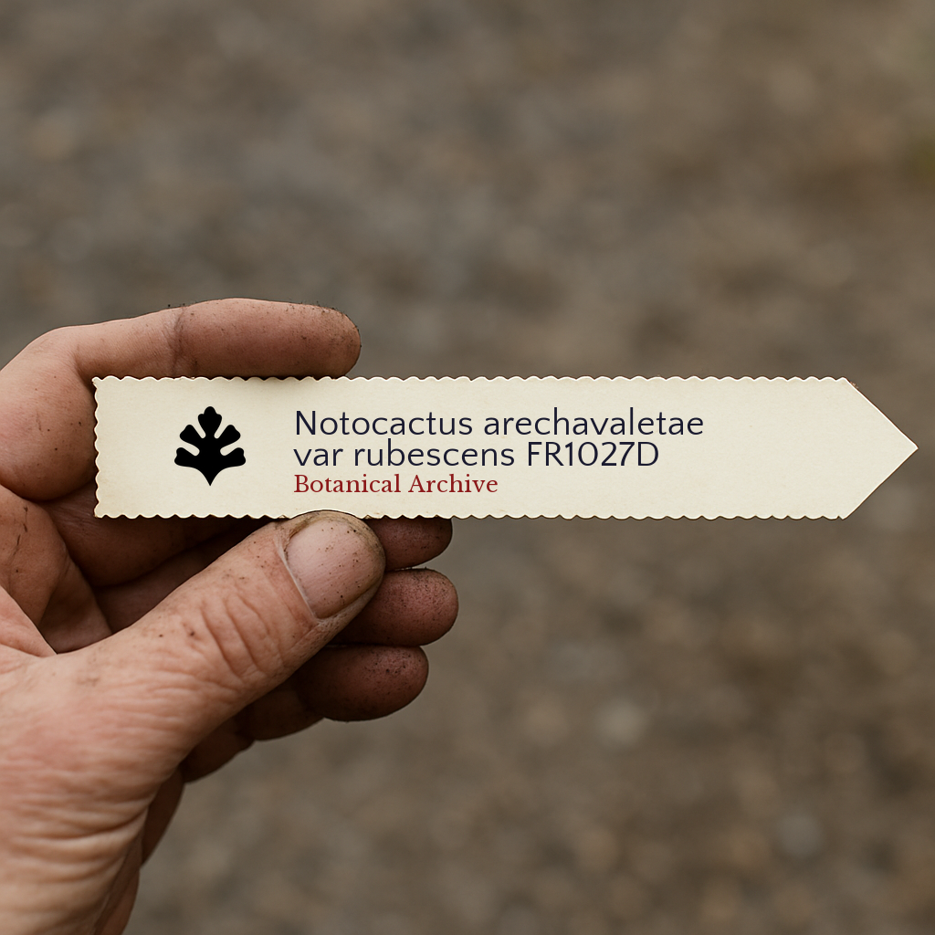 Printed plant label for Notocactus arechavaletae var rubescens held by hand