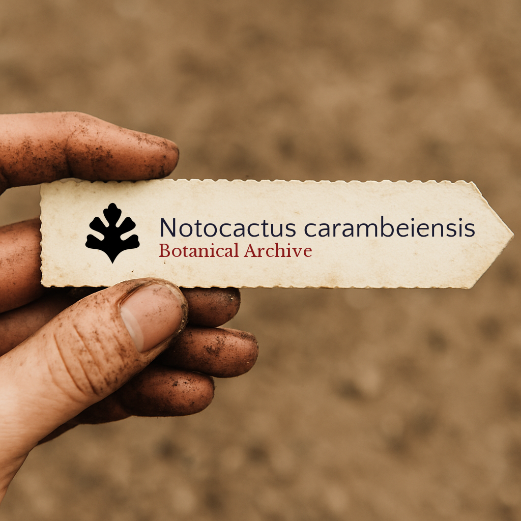 Etichetta stampata per pianta di Notocactus carambeiensis tenuta da mano sporca con sfondo di terreno
