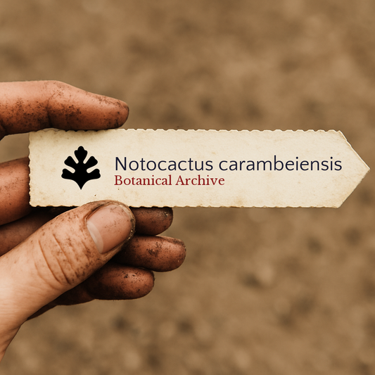 Etichetta per pianta stampata per Notocactus carambeiensis tenuta da mano sporca contro sfondo di terreno