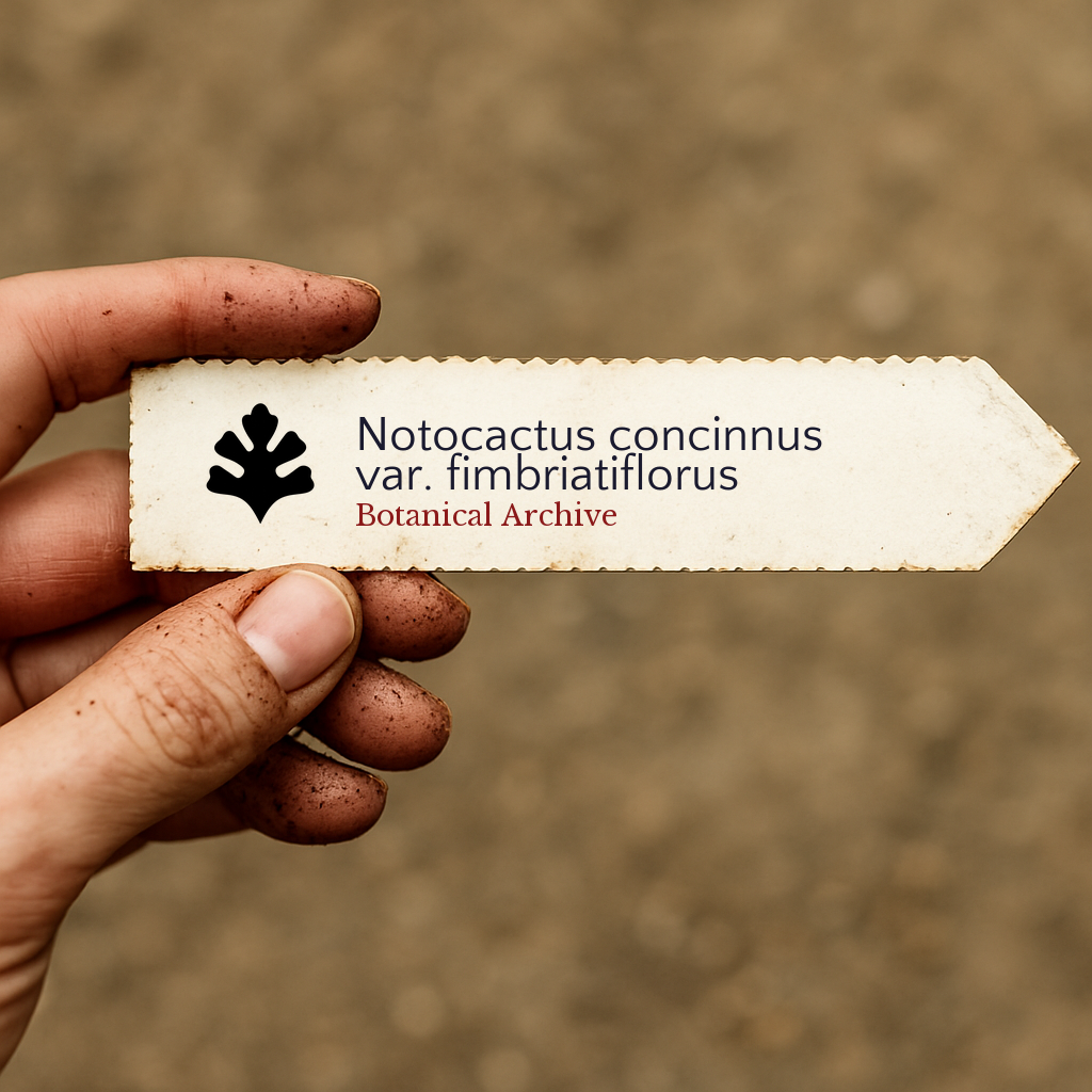 Printed plant label for Notocactus concinnus var. fimbriatiflorus held by dirty hand