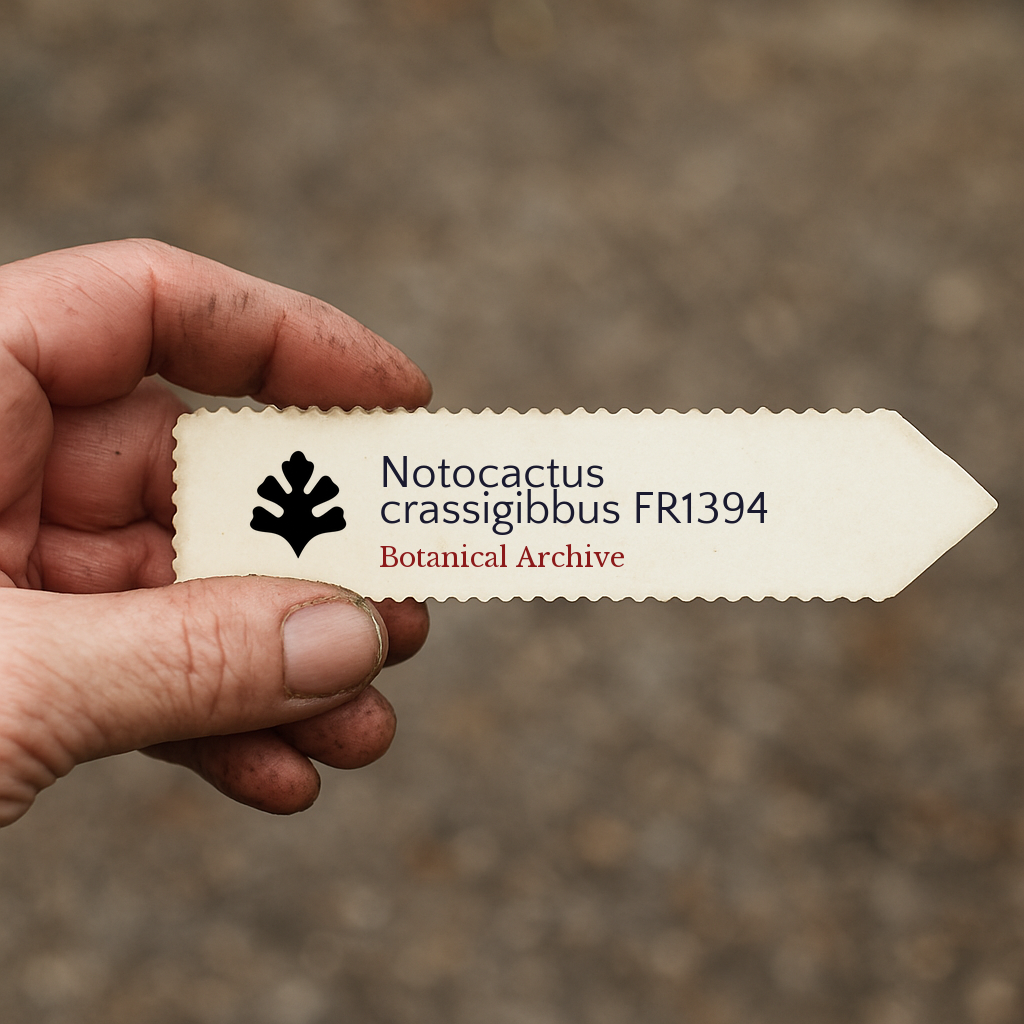 Printed plant label for Notocactus crassigibbus held by hand with blurred background