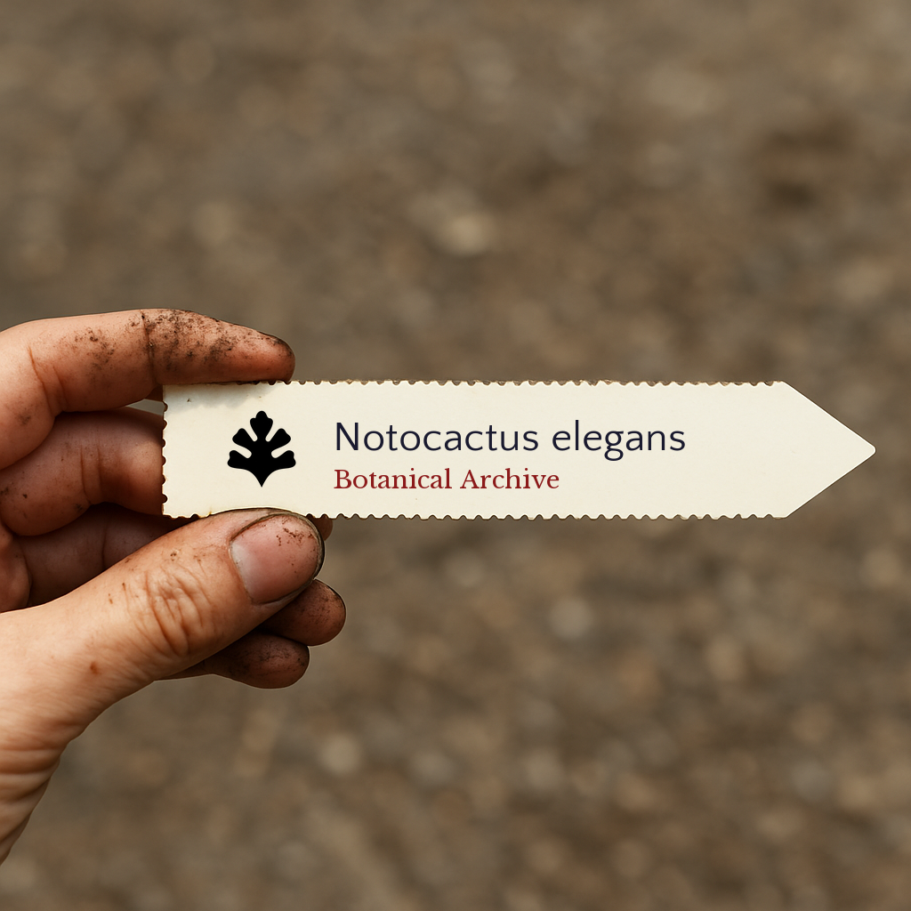 Printed plant label for Notocactus elegans held by dirty hand against soil background