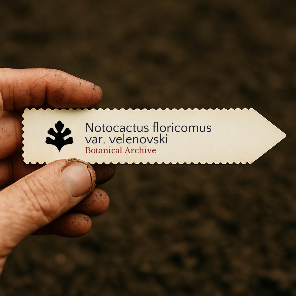 Etichetta per pianta di Notocactus floricomus var. velenovski con il logo di Botanical Archive tenuto a mano