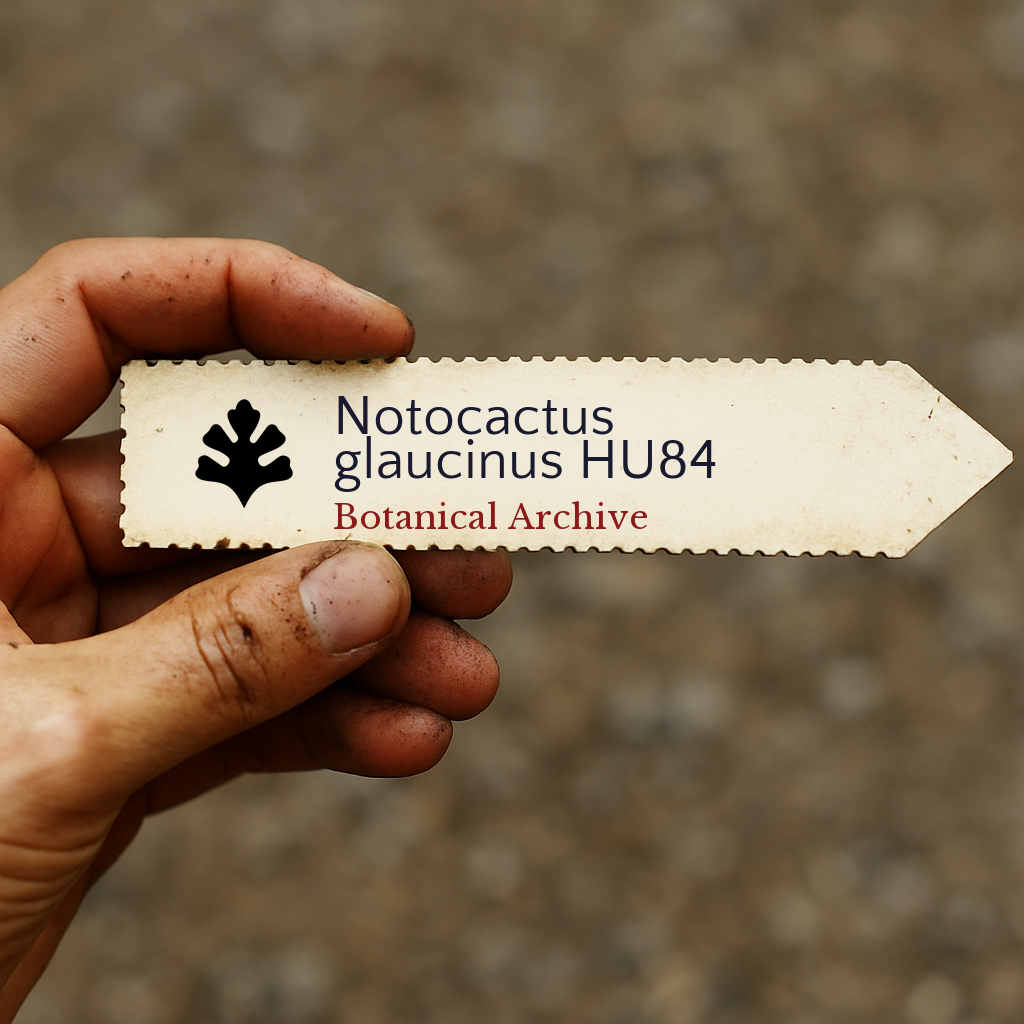 Etichetta per pianta stampata per Notocactus glaucinus HU84 tenuta a mano con sfondo di terra