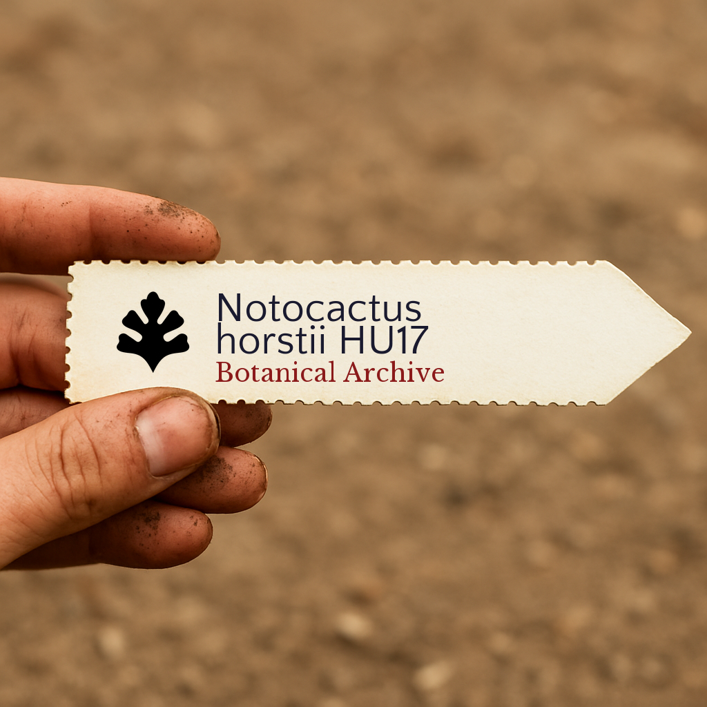 Etichetta stampata per pianta di Notocactus horstii HU17 tenuta a mano con sfondo di terreno