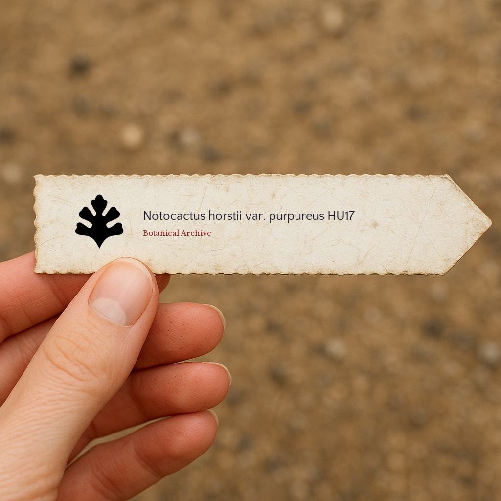 Printed plant label for Notocactus horstii var. purpureus held by hand outdoors