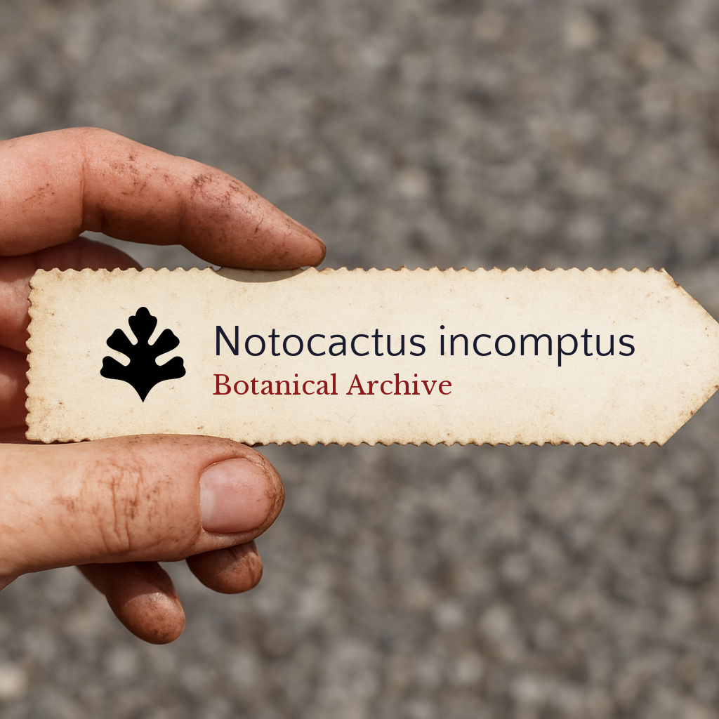 Printed vintage botanical archive label for Notocactus incomptus held by hand