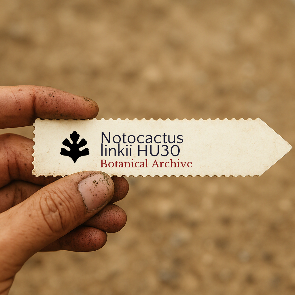 Printed plant label for Notocactus linkii HU30 held by dirty hand outdoors