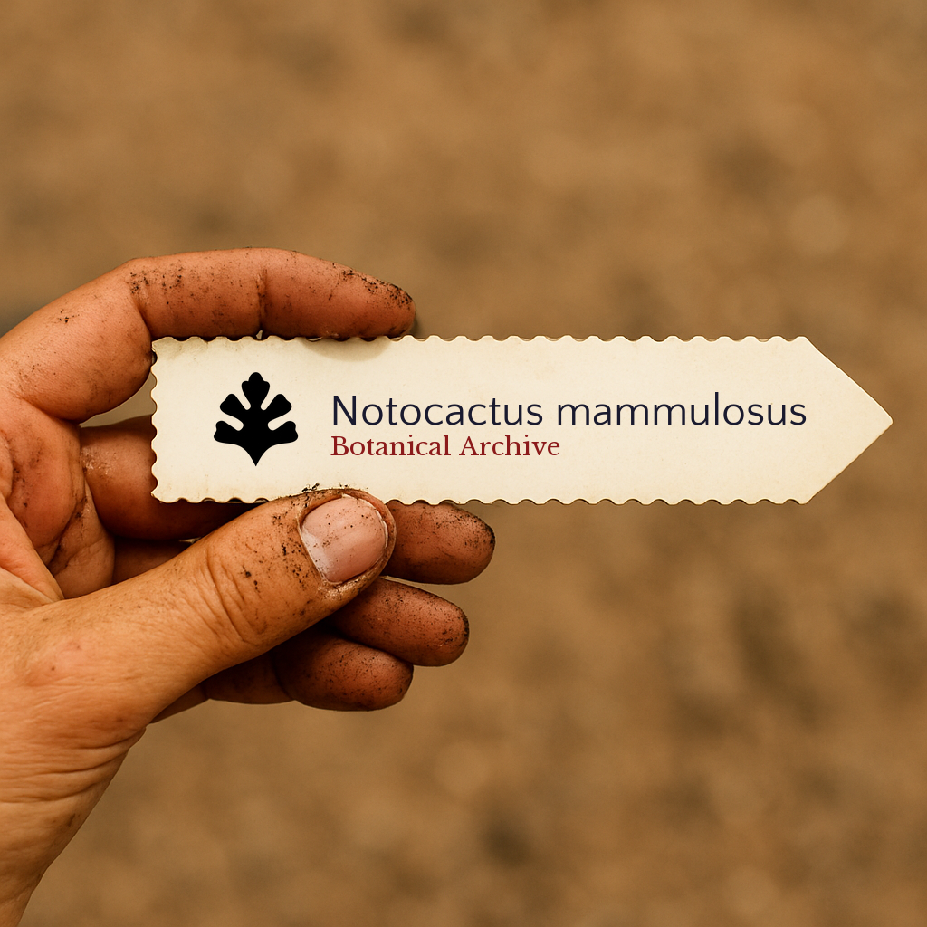 Printed plant label for Notocactus mammulosus held by dirty hand against soil background