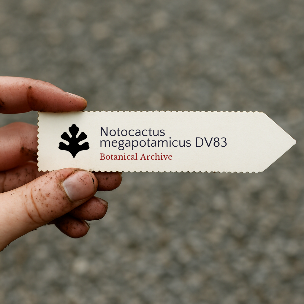 Etichetta per pianta stampata per Notocactus megapotamicus DV83 tenuta da mano sporca all'aperto
