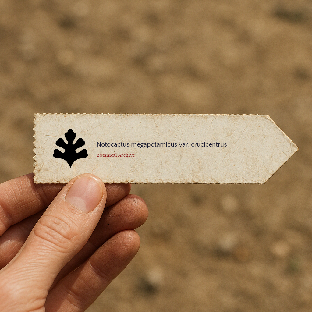 Printed plant label for Notocactus megapotamicus var. crucicentrus held by hand on blurred soil background
