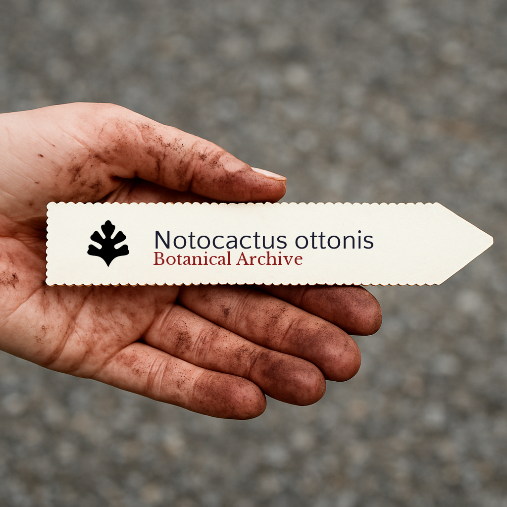 Printed plant label for Notocactus ottonis held in a dirty hand outdoors