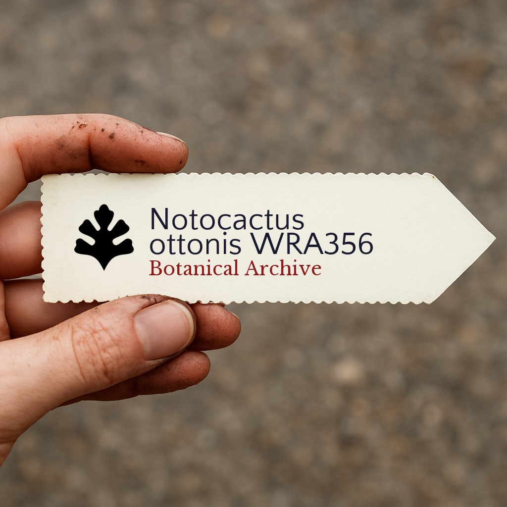 Etichetta per pianta stampata per Notocactus ottonis con logo di Botanical Archive tenuta a mano