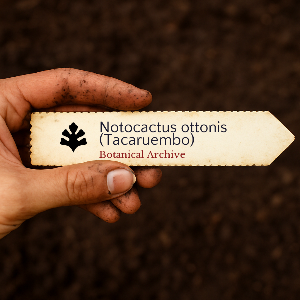 Printed plant label for Notocactus ottonis (Tacaruembo) held over soil background