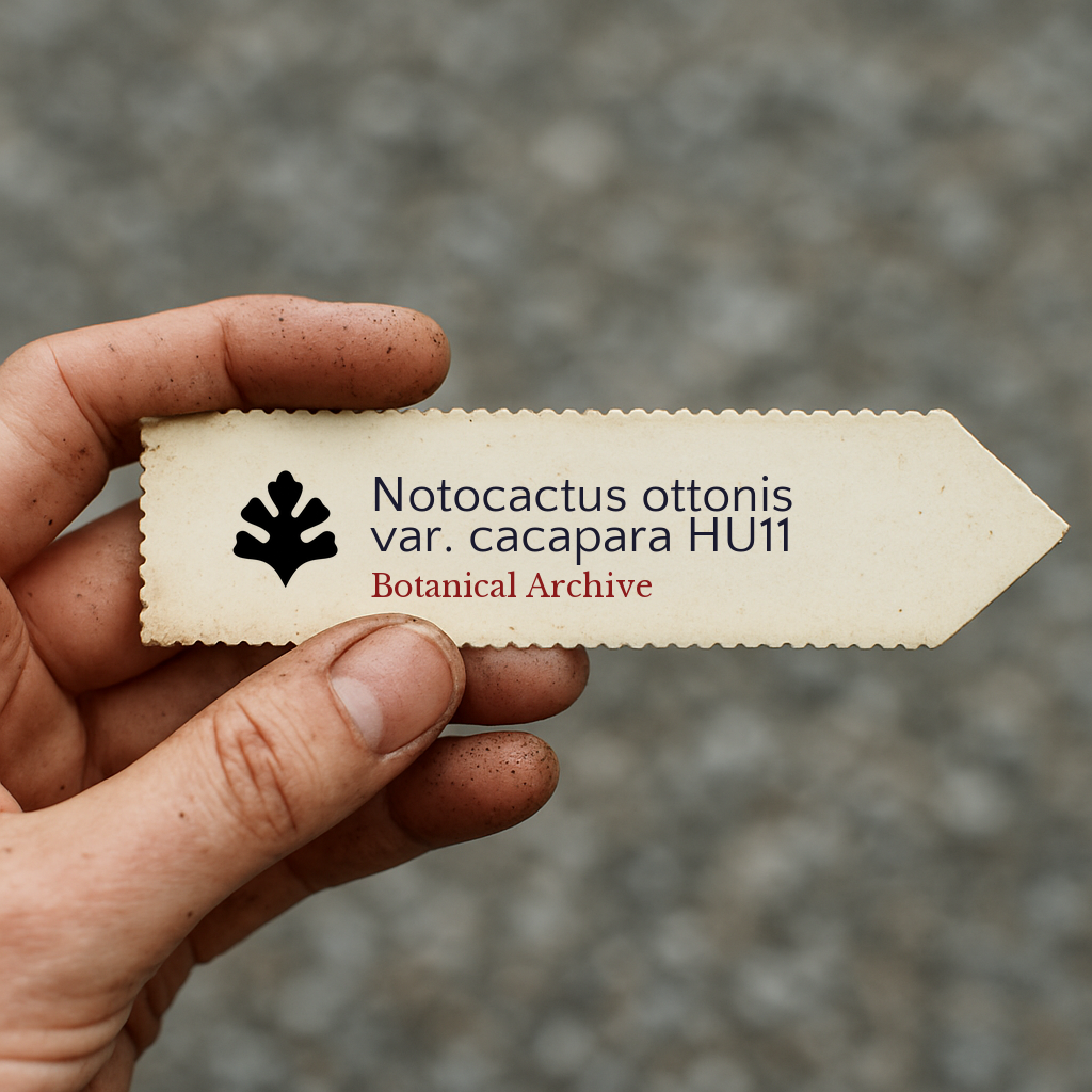 Printed plant label for Notocactus ottonis var. cacapara held in hand with dirt background