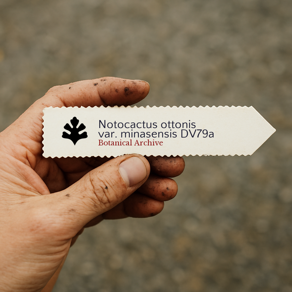 Printed plant label for Notocactus ottonis var. minasensis held by dirty hand outdoors