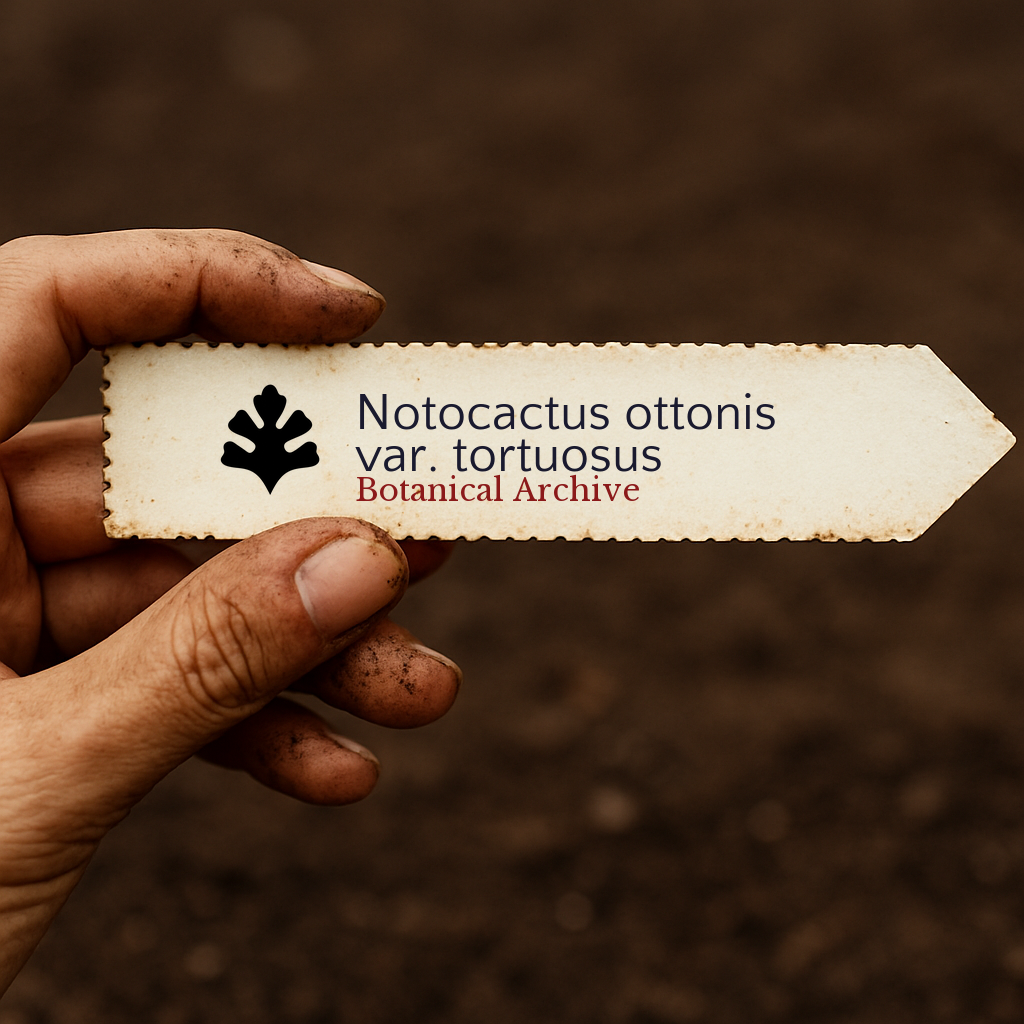 Printed plant label for Notocactus ottonis var. tortuosus held by dirty hand over soil background