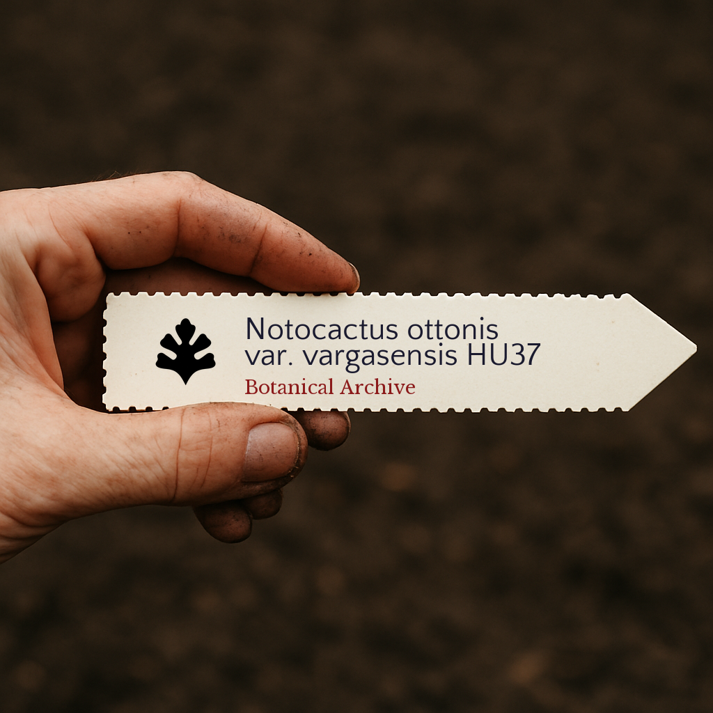 Etichetta per piante stampata per Notocactus ottonis var. vargasensis tenuta a mano su sfondo di terreno