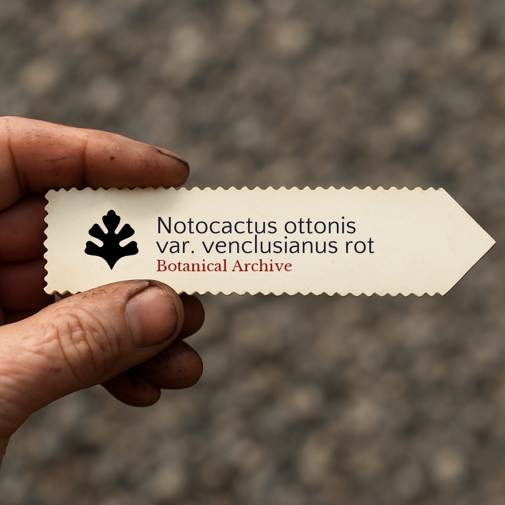 Etichetta stampata per pianta per Notocactus ottonis var. venclusianus rot tenuta a mano con sfondo di terra