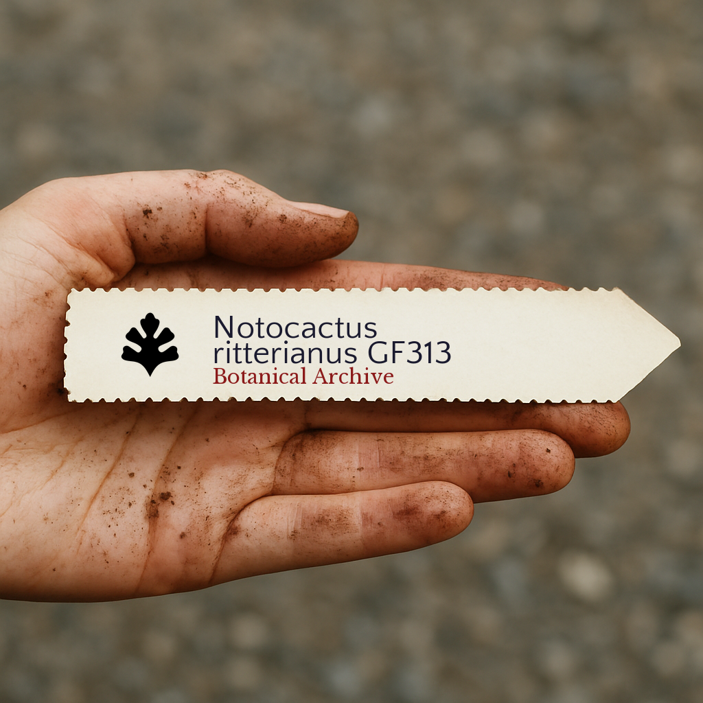 Printed plant label for Notocactus ritterianus with botanical archive logo in hand