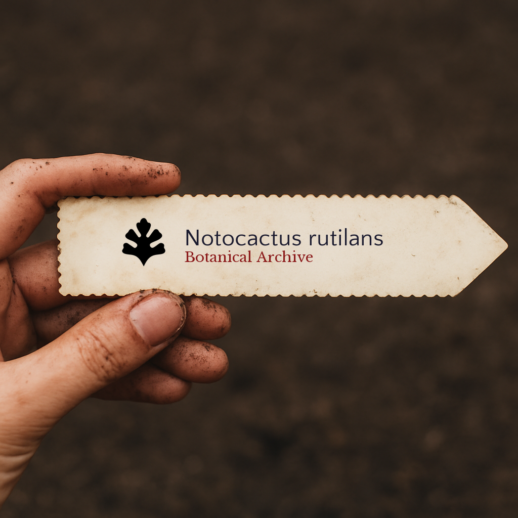 Etichetta per pianta stampata per Notocactus rutilans tenuta da una mano sporca sullo sfondo del terreno